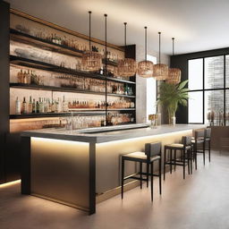 Create an elegant and modern design for a cocktail bar inspired by Swiss architecture