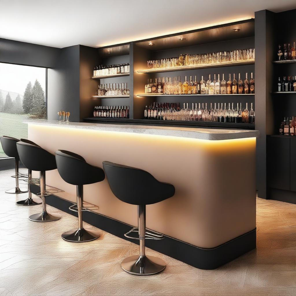 Create an elegant and modern design for a cocktail bar inspired by Swiss architecture