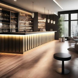 Create an elegant and modern design for a cocktail bar inspired by Swiss architecture