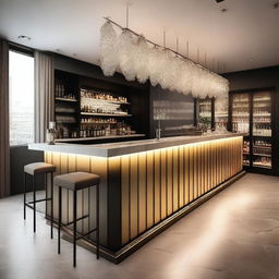 Create an elegant and modern design for a cocktail bar inspired by Swiss architecture