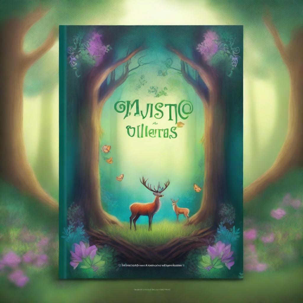 Create a captivating book cover featuring an enchanted forest with mystical creatures