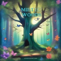 Create a captivating book cover featuring an enchanted forest with mystical creatures