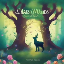 Create a captivating book cover featuring an enchanted forest with mystical creatures