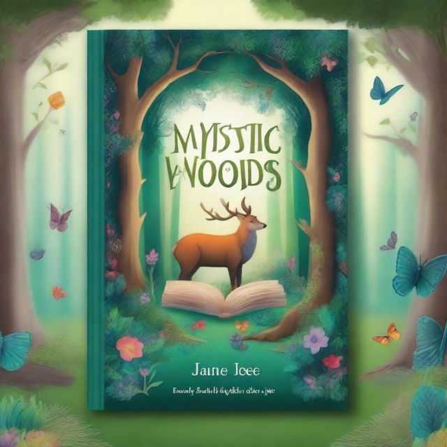 Create a captivating book cover featuring an enchanted forest with mystical creatures