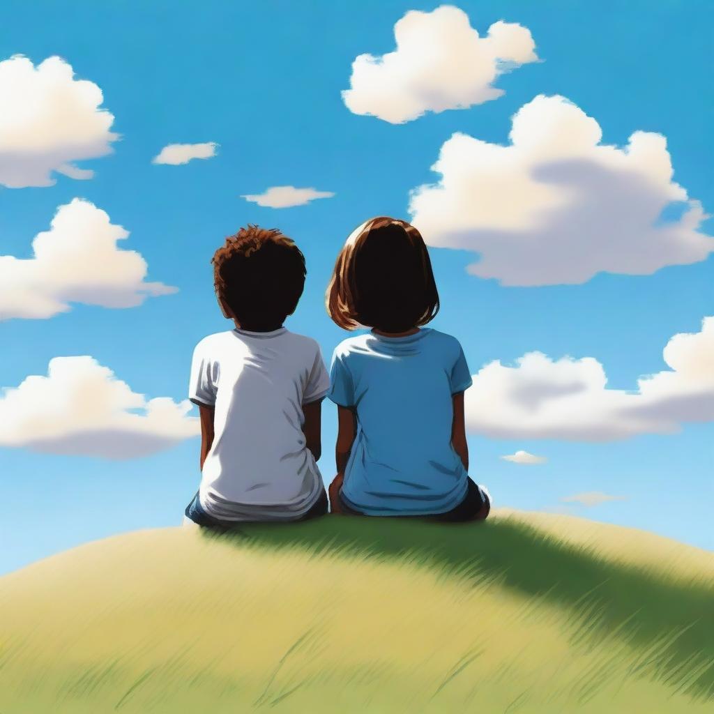 A 1080 by 1092 pixels image of a boy and a girl sitting on a hill with their backs turned, looking at the sky with clouds and the sun