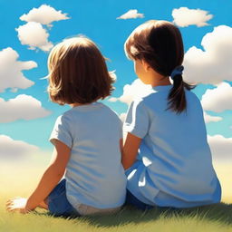 A 1080 by 1092 pixels image of a boy and a girl sitting on a hill with their backs turned, looking at the sky with clouds and the sun