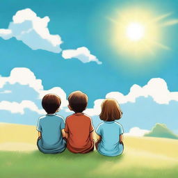 A 1080 by 1092 pixels image of a boy and a girl sitting on a hill with their backs turned, looking at the sky with clouds and the sun