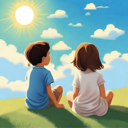 A 1080 by 1092 pixels image of a boy and a girl sitting on a hill with their backs turned, looking at the sky with clouds and the sun