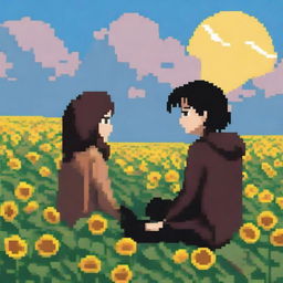 A 1080x1092 pixel art image of a man with black hair and a woman with brown hair sitting on a hill filled with sunflowers, looking towards the sky with clouds and the sun