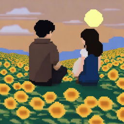 A 1080x1092 pixel art image of a man with black hair and a woman with brown hair sitting on a hill filled with sunflowers, looking towards the sky with clouds and the sun