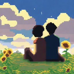 A 1080x1092 pixel art image of a man with black hair and a woman with brown hair sitting on a hill filled with sunflowers, looking towards the sky with clouds and the sun