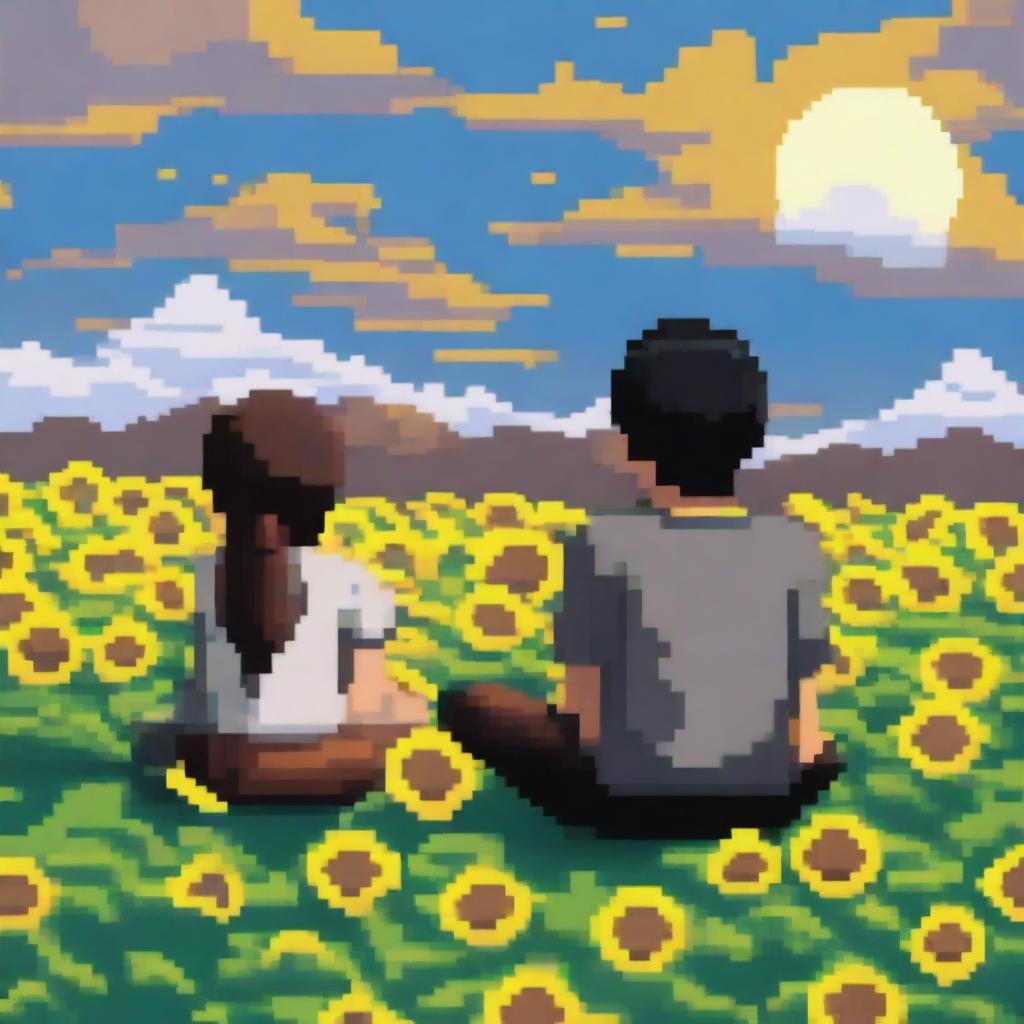 A 1080x1092 pixel art image of a man with black hair and a woman with brown hair sitting on a hill filled with sunflowers, looking towards the sky with clouds and the sun