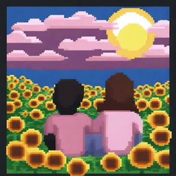 A 1080 by 1092 pixel image of a man with black hair wearing a pink sweater and a woman with brown hair seen from behind, sitting on a hill full of sunflowers, looking at the sky with clouds and the sun, in pixel art style