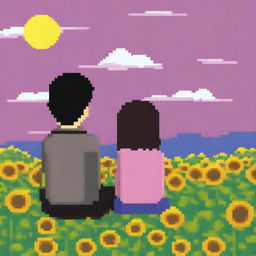 A 1080 by 1092 pixel image of a man with black hair wearing a pink sweater and a woman with brown hair seen from behind, sitting on a hill full of sunflowers, looking at the sky with clouds and the sun, in pixel art style