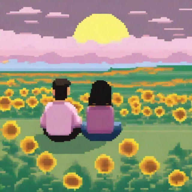 A 1080 by 1092 pixel image of a man with black hair wearing a pink sweater and a woman with brown hair seen from behind, sitting on a hill full of sunflowers, looking at the sky with clouds and the sun, in pixel art style