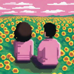 A 1080 by 1092 pixel image of a man with black hair wearing a pink sweater and a woman with brown hair seen from behind, sitting on a hill full of sunflowers, looking at the sky with clouds and the sun, in pixel art style