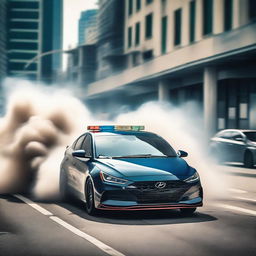 A Hyundai Elantra N is seen drifting at high speed, evading police cars in a thrilling chase