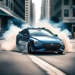 A Hyundai Elantra N is seen drifting at high speed, evading police cars in a thrilling chase