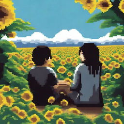 A 1080 by 1092 pixels image of a man with black hair and a woman with brown hair sitting with their backs to the viewer on a hill covered in sunflowers