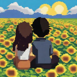 A 1080 by 1092 pixels image of a man with black hair and a woman with brown hair sitting with their backs to the viewer on a hill covered in sunflowers