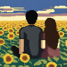 A 1080 by 1092 pixels image of a man with black hair and a woman with brown hair sitting with their backs to the viewer on a hill covered in sunflowers