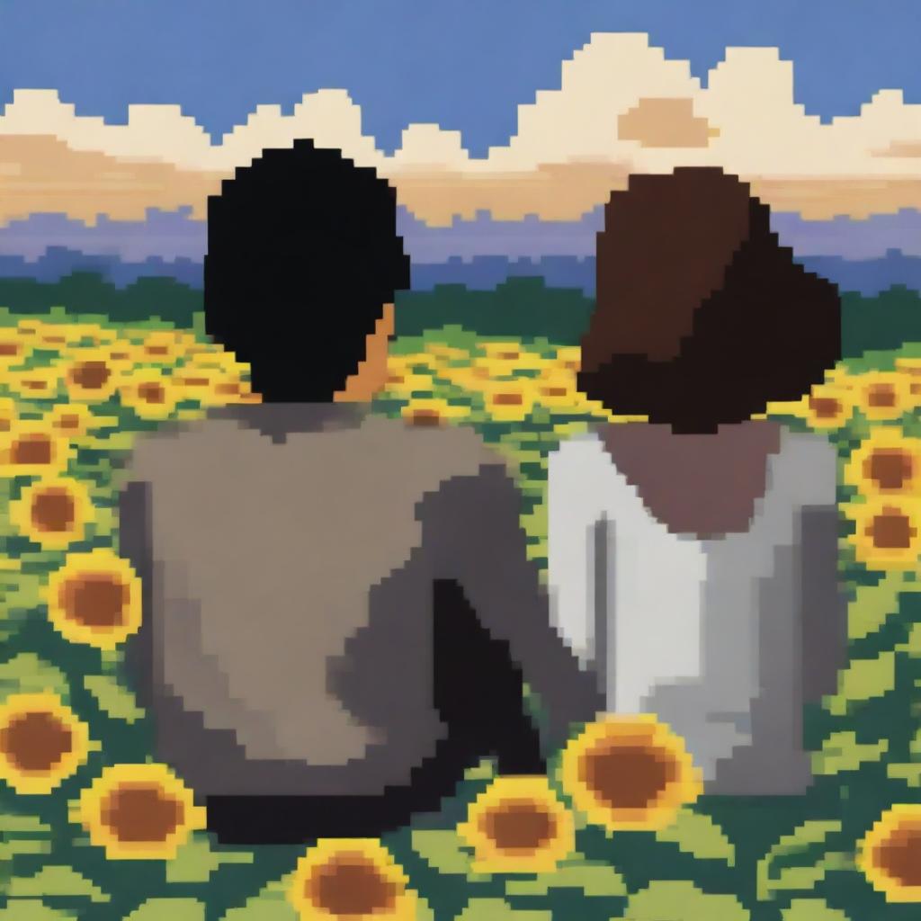 A 1080 by 1092 pixels image of a man with black hair and a woman with brown hair sitting with their backs to the viewer on a hill covered in sunflowers