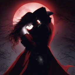 An intense scene featuring a vampire hunter and a vampire locked in a romantic embrace, with a backdrop of a dark, moonlit night