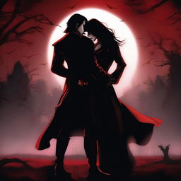 An intense scene featuring a vampire hunter and a vampire locked in a romantic embrace, with a backdrop of a dark, moonlit night