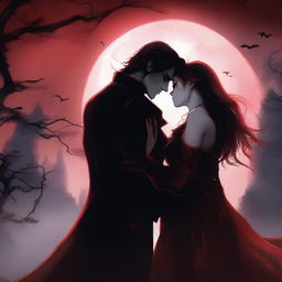 An intense scene featuring a vampire hunter and a vampire locked in a romantic embrace, with a backdrop of a dark, moonlit night