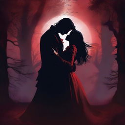 An intense scene featuring a vampire hunter and a vampire locked in a romantic embrace, with a backdrop of a dark, moonlit night