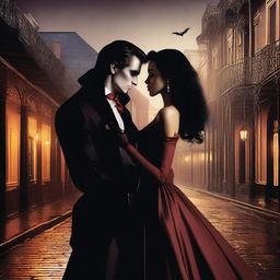 A dramatic scene set in the streets of New Orleans featuring a vampire and a vampire hunter locked in a romantic embrace