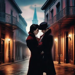 A dramatic scene set in the streets of New Orleans featuring a vampire and a vampire hunter locked in a romantic embrace