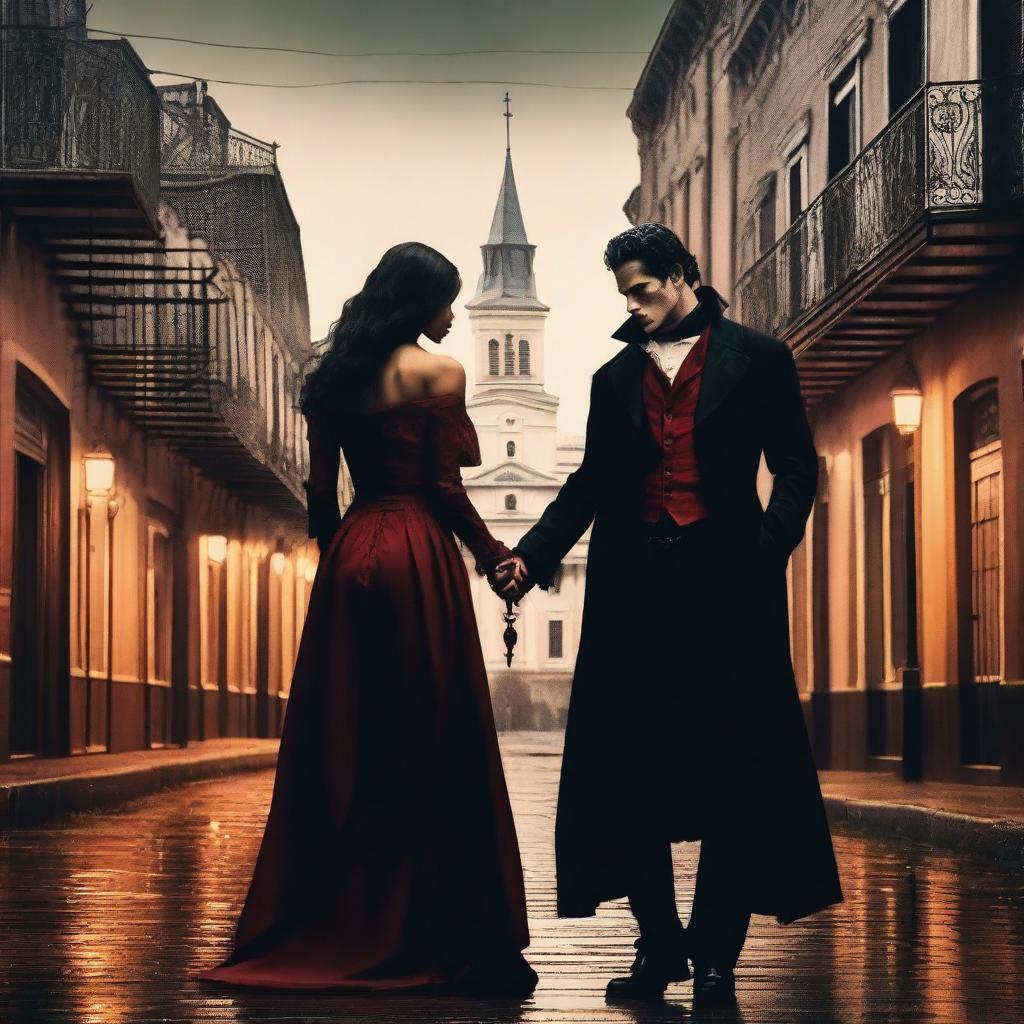 A dramatic scene set in the streets of New Orleans featuring a vampire and a vampire hunter locked in a romantic embrace