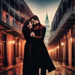 A dramatic scene set in the streets of New Orleans featuring a vampire and a vampire hunter locked in a romantic embrace