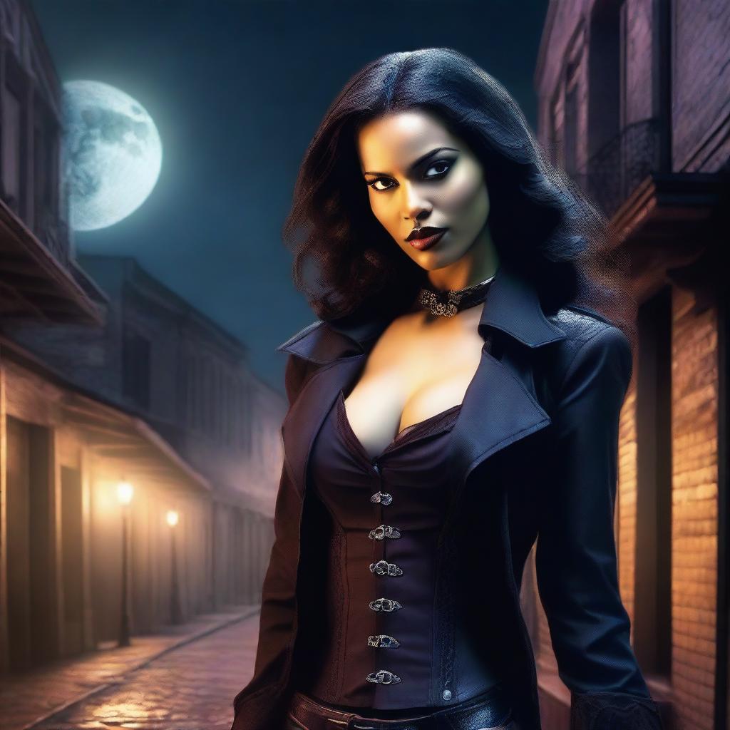 A female vampire hunter in New Orleans, holding a dagger with a romantic aura