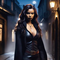 A female vampire hunter in New Orleans, holding a dagger with a romantic aura