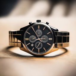 A detailed image of a stylish wrist watch with a sleek metallic band and a sophisticated, modern design