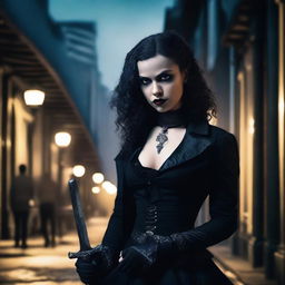 A young female vampire hunter holding a dagger in the streets of New Orleans