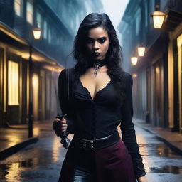 A young female vampire hunter holding a dagger in the streets of New Orleans