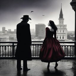 A dramatic scene in New Orleans featuring a female vampire hunter and a vampire in a romantic yet tense moment