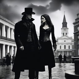 A dramatic scene in New Orleans featuring a female vampire hunter and a vampire in a romantic yet tense moment