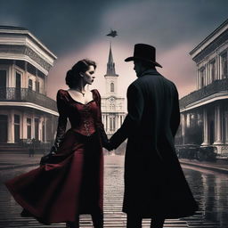 A dramatic scene in New Orleans featuring a female vampire hunter and a vampire in a romantic yet tense moment