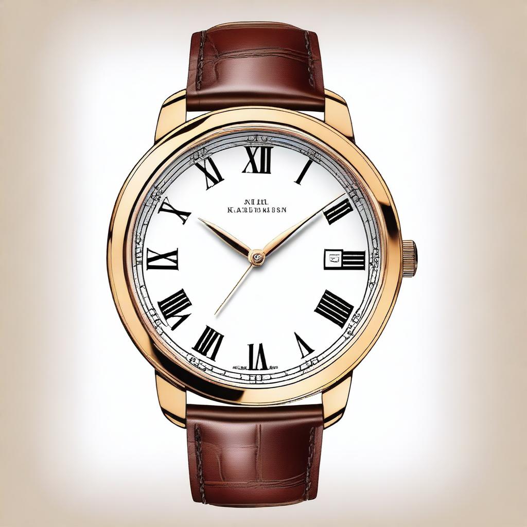 A detailed illustration of an analog wristwatch featuring roman numerals on its dial