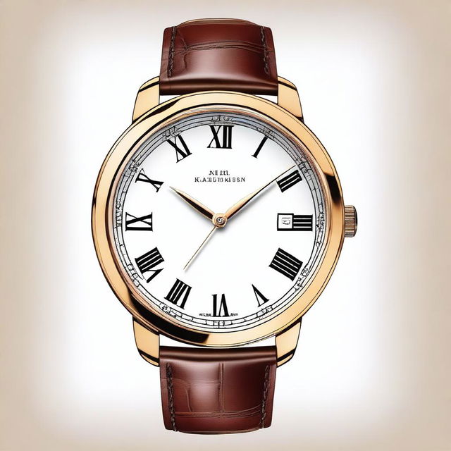 A detailed illustration of an analog wristwatch featuring roman numerals on its dial