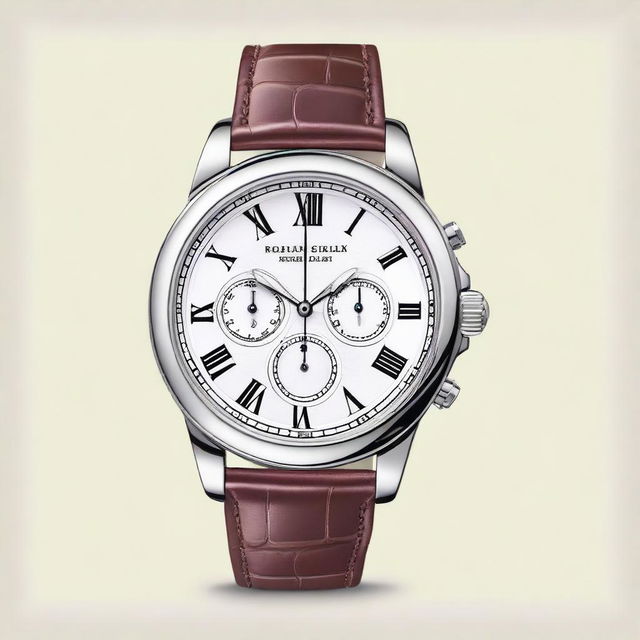 A detailed illustration of an analog wristwatch featuring roman numerals on its dial and a day-date scroll