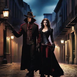 A female vampire hunter and a vampire in a romantic yet tense encounter in the streets of New Orleans