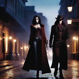 A female vampire hunter and a vampire in a romantic yet tense encounter in the streets of New Orleans