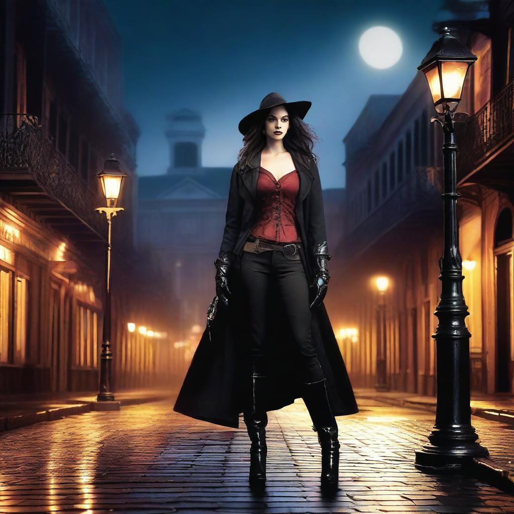 A female vampire hunter and a vampire in a romantic yet tense encounter in the streets of New Orleans