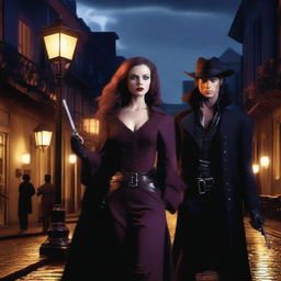 A female vampire hunter and a vampire in a romantic yet tense encounter in the streets of New Orleans