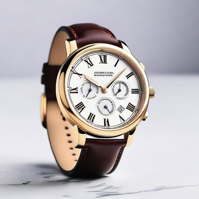 A detailed image of an analog wristwatch featuring Roman numerals